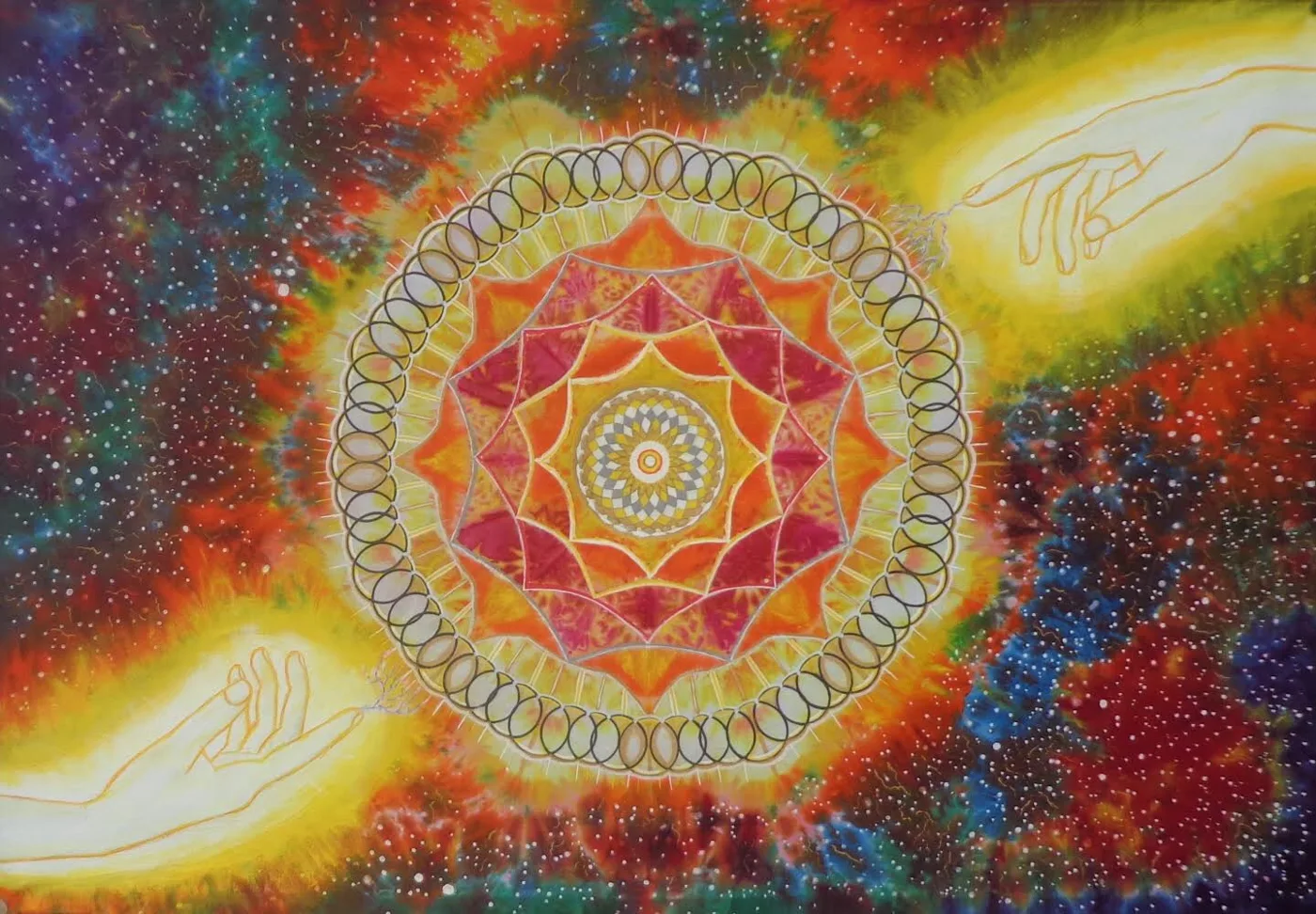 Painting of a glowing mandala between two reaching hands against a starry nebula