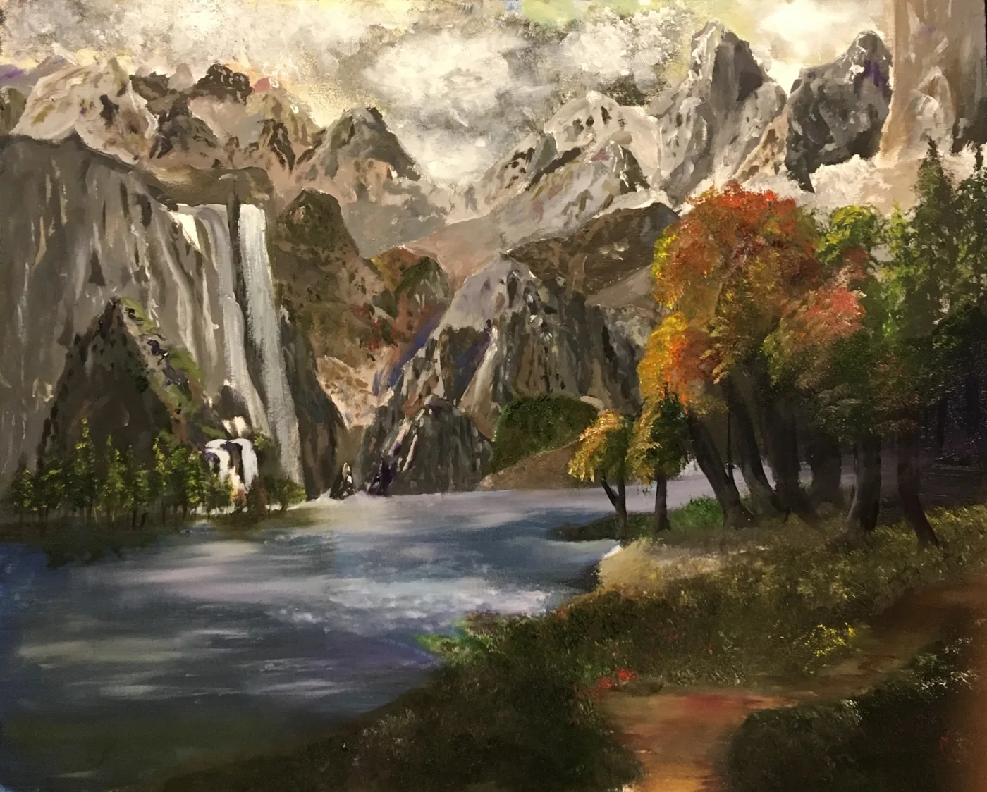 Painting of a mountain valley with waterfalls, a river and autumn trees