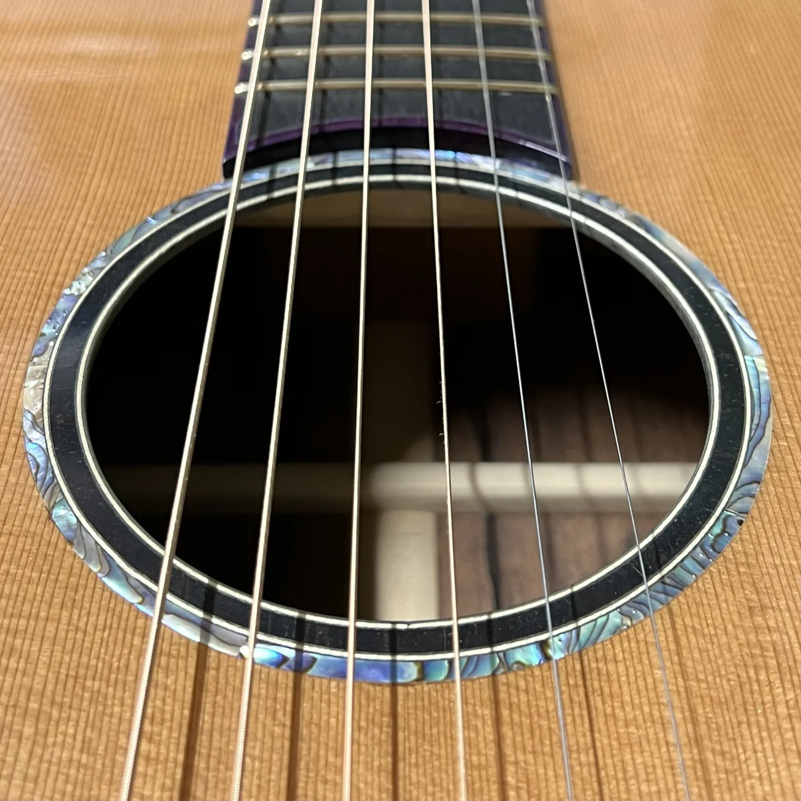 Close-up of the abalone rosette around the soundhole, with a purple-edged fretboard